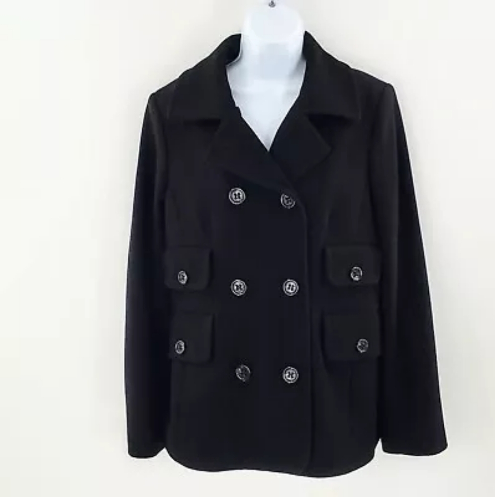 EUC BCBGMaxazria Wool Black Double Breasted Pea Coat Notch Lapel Size Small